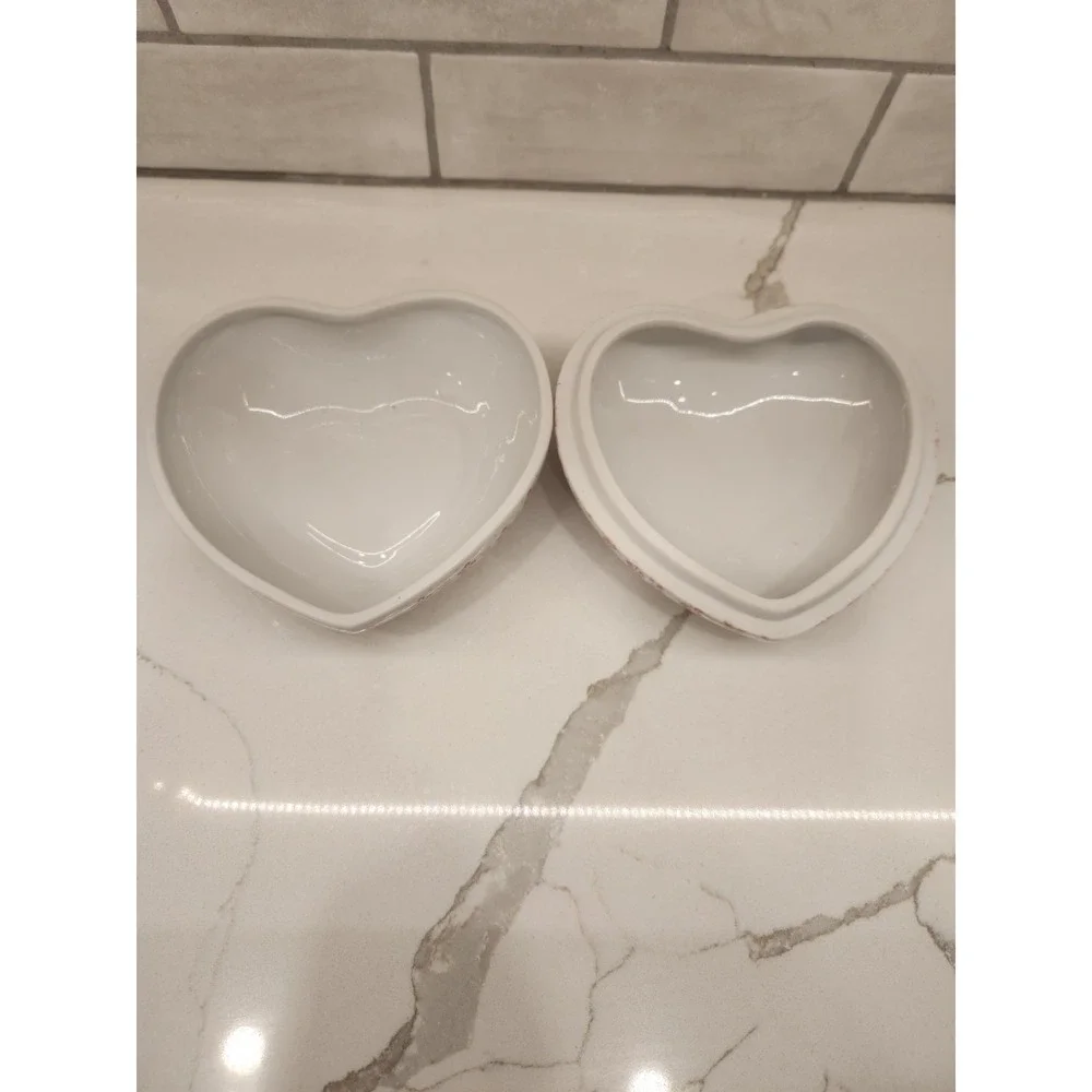 Vintage Valentines Heart Shaped Trinket Lidde Box‎ Dish Ceramic Rose Pink Flower